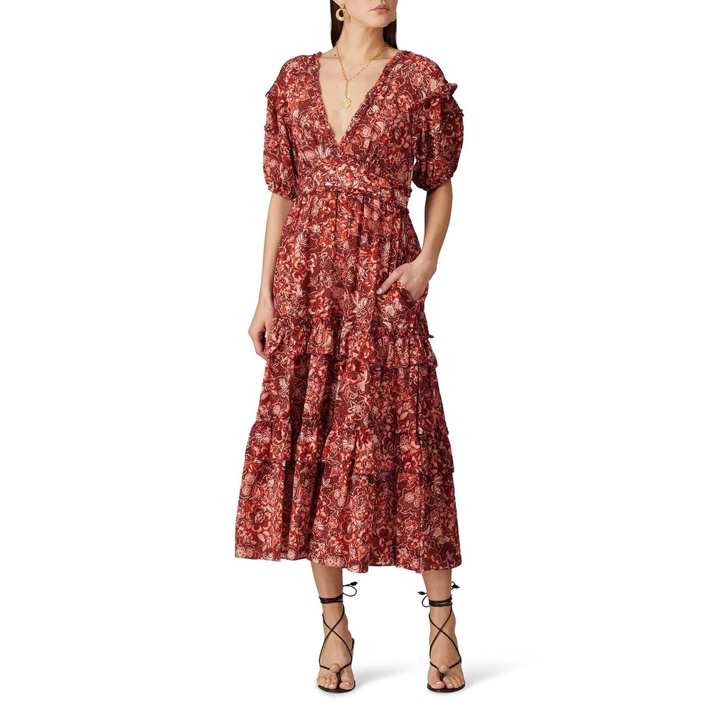 Ulla Johnson Floral Amora Dress Red Orange Midi Size 4